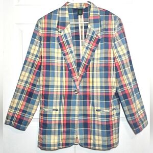 Hunt Club Vintage Womens Plaid Blazer‎ 14 Preppy Yellow Red Blue Office Retro